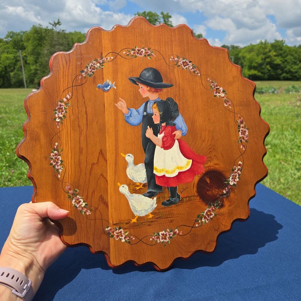 VTG Hand Painted Wooden Lazy Susan Geese Amish Folk Art Wall Hanging 16" Round